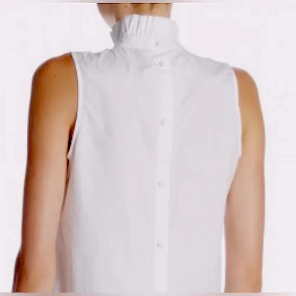 NWT [Frame] High Neck Sleeveless Ruffle Back Button Blouse Top White Women’s S - Picture 2 of 14